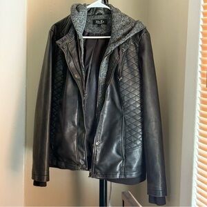 🌸Mo-Ka Merian knit hood Women's Black faux Leather Jacket  heavy weight🌸